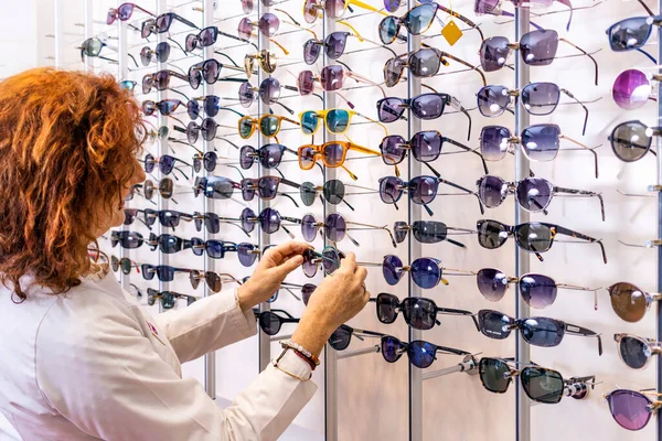 Sunglass Shopping Red Haired Optometrist Trying Trendy Eyewear Front Sunglass — Stock Photo, Image