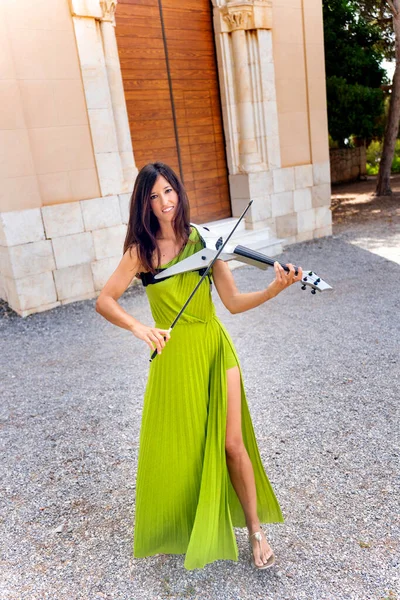 Electric Violin Night Symphony Captivating Violinist Charms Urban Crowd — Stock Photo, Image