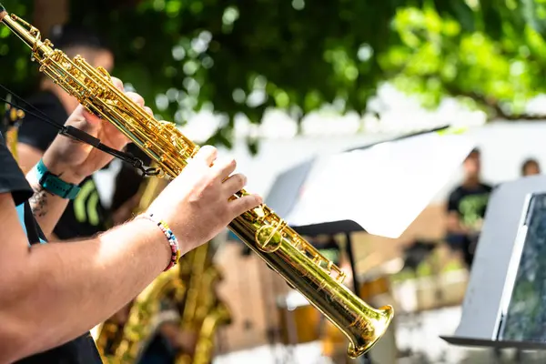 stock image Brass musicians from a band with a saxophone