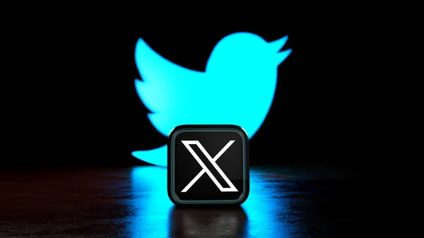 Twitter 'ın önündeki X uygulama logosu mavi kuş sembolü. X, sosyal medyanın yeni adı ve logosu. - Trkiye, İstanbul - Ağustos 2023, 3D