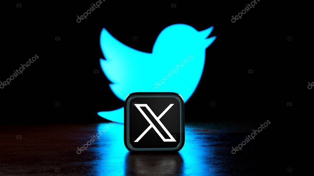 X app logo in front of Twitter blue bird symbol background. X is the new name and logo of social media. - Trkiye, Istanbul - August 2023, 3D