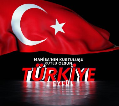 Manisa 'nn Kurtulusu, Türk Bayrağı, Dalgalanan Türk Bayrağı, Türkiye Cumhuriyeti - (3D Render) 