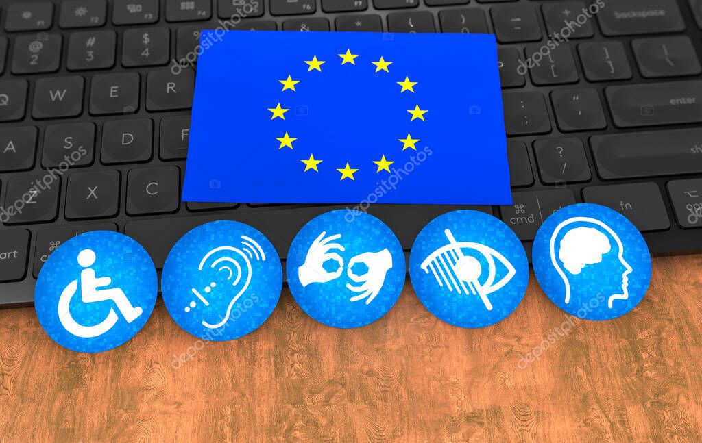 European Union Flag, Disability Signs, Icons are Visual Presentation.