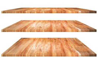 Three shelves wooden top, blank space for product montage. Wood table on white background.