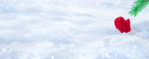 Funny Christmas banner with snowy background and red glove