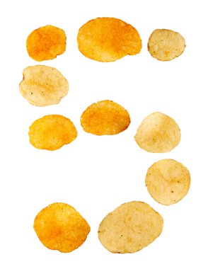 Number 5 made of potato chips and isolated on white background. Food numeral concept. One number of the set of potato chip font easy to stacking.
