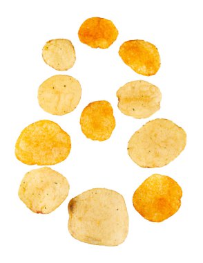 Number 8 made of potato chips and isolated on white background. Food numeral concept. One number of the set of potato chip font easy to stacking.