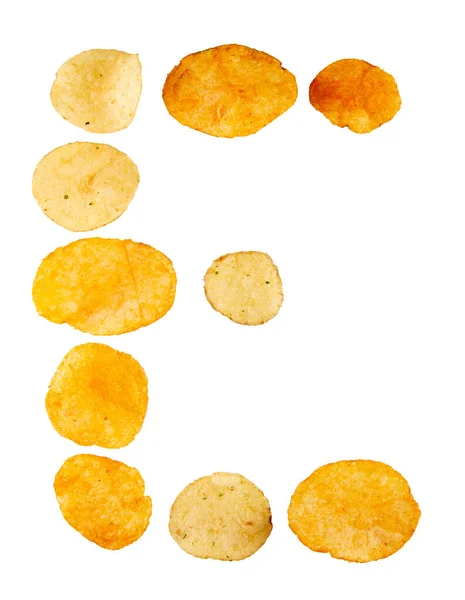 字母E由马铃薯片和孤立的白色背景 食品字母表概念 一套马铃薯片字体中的一个字母容易堆叠 — 图库照片