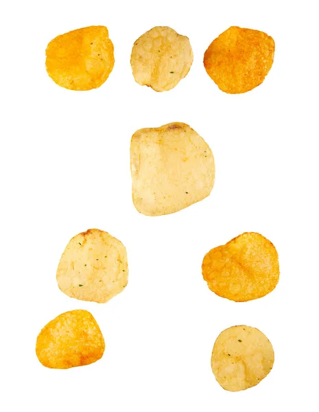 Kit of punctuation marks made of potato chips and isolated on white background. Food alphabet concept. Part of the set of potato chip font easy to stacking.