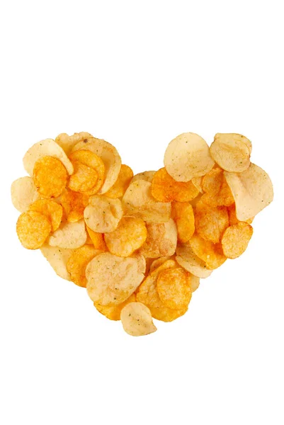 Potato Chips Shape Heart Isolated White Background Hearty Snack Satisfying — Stock Photo, Image