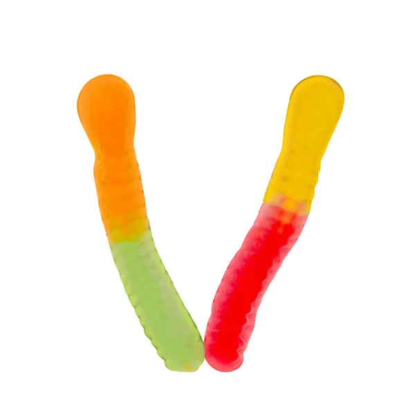 字母V由五颜六色的粘液蠕虫制成 在纯白色背景上隔离 食品字母表概念 一组甜食字体中的一个字母容易堆叠 — 图库照片