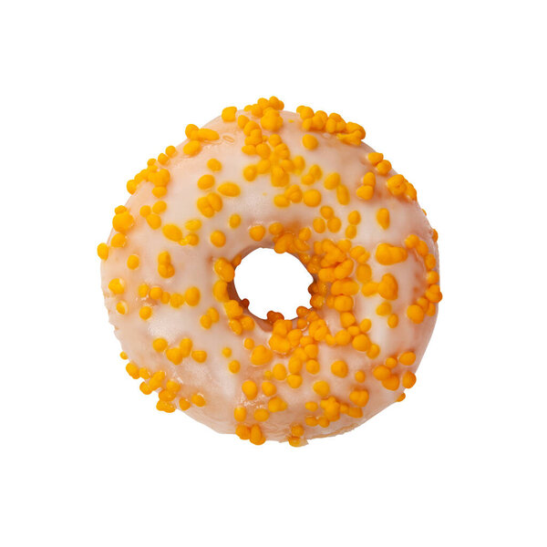 Fruit donut decorated with yellow sprinkles isolated on white background. Top view of Sweet treat with hole in the middle set against blank canvas.
