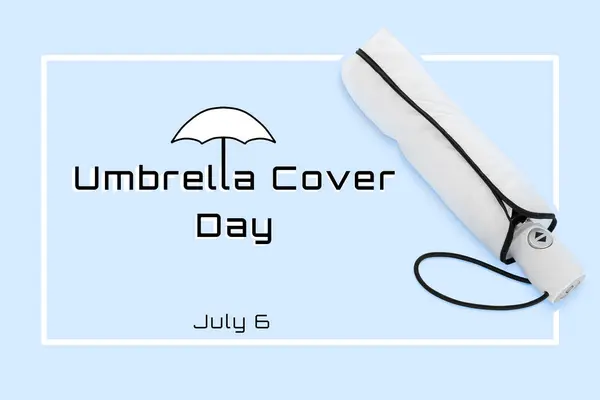 stock image Umbrella Cover Day Poster. Banner with white umbrella on blue background