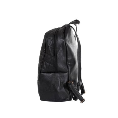 Deri sırt çantasının yan tarafı beyaz arkaplanda izole.