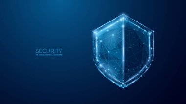Security Shield. Digital technology protect sign. Cyber security and information or network protection in polygon, lines and geometric shapes. Low poly wireframe vector.
