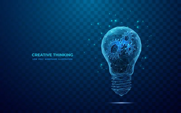 要旨青い電球と歯車 創造的な思考またはビジネス革新の概念 多角形や線の多角形電球内のデジタルギア テクノロジー3Dベクトルイラスト — ストックベクタ