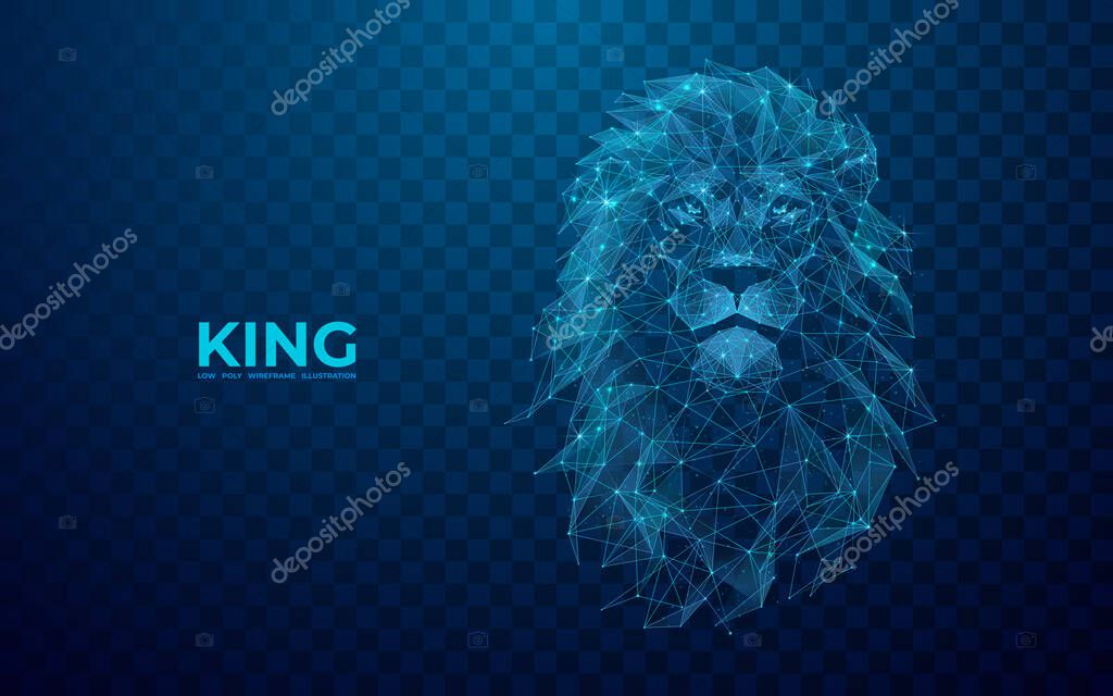 Abstract digital lion in polygons, lines and connected dots. King of beasts. Technology wild concept. Low Poly Wireframe 3D Vector illustration in blue.