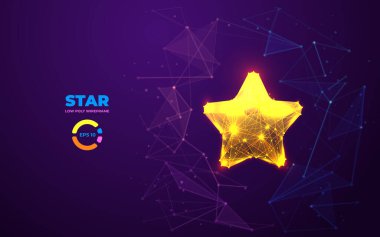 Fütürist arka planda 3D dijital altın yıldız. Mavi mor modern renklerde düşük poli telli soyut yıldız. Kazan, ödül ve tasarım öğesini göster. Vektör illüstrasyonu