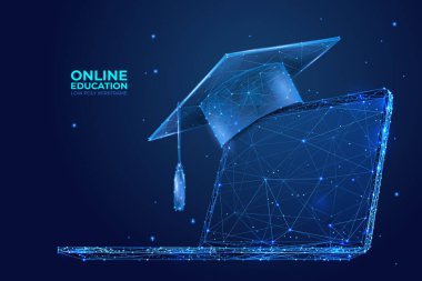 Dizüstü bilgisayardaki soyut mezuniyet şapkası. Online eğitim kavramları. Mavi arka planda düşük polyester kablo vektör çizimi.