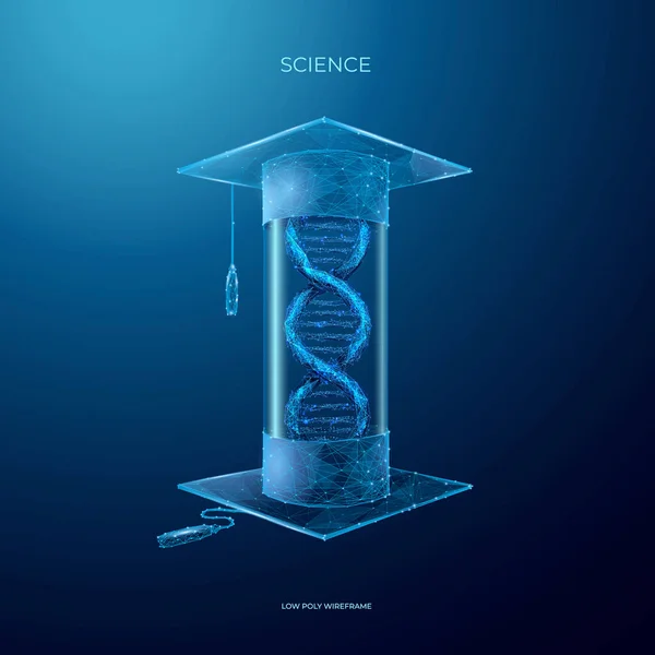 科学和教育概念 脱氧核糖核酸和毕业帽暗背景下蓝光技术中的低多帧矢量解算 — 图库矢量图片