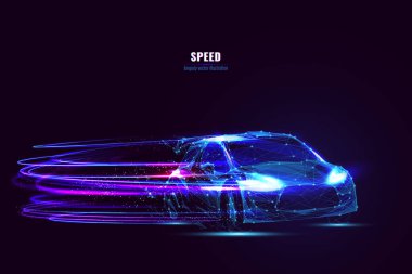 Fütürist rali arabası neon hızlı hatları ve parçacıkları ile hareket halinde. Yüksek hız ve enerji teknolojisi. Soyut dijital spor araba düşük çokgenler, bağlantılı noktalar ve mavi çizgilerden oluşur.