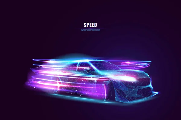 ネオン高速線と抽象的な煙と動きの未来的なドリフト車 技術的な青紫色の高速コンセプト スポーツカーは多角形 接続されたドットで作られています デジタル自動車 — ストックベクタ