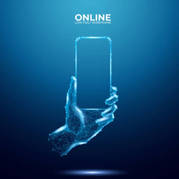 青色の背景に多角形の空白の画面を持つ抽象的な手の携帯電話を保持 低ポリワイヤーフレーム技術または新しいデバイスコンセプト 多国間3Dベクトル図 — ストックベクタ