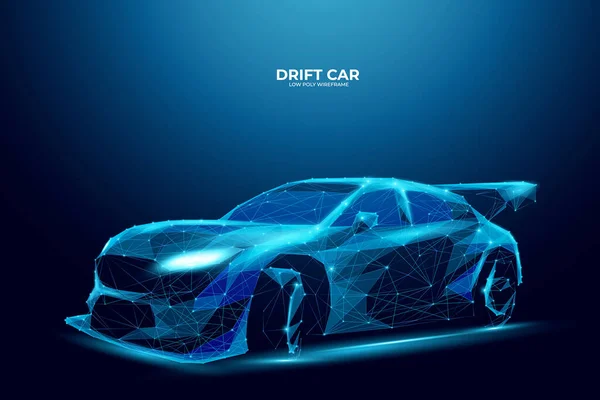 濃い青の背景に多角形のドリフト車 要約デジタルスポーツ車 3Dワイヤーフレームベクトルイラスト テクノロジーブルーの色 未来自動車スポーツポスター — ストックベクタ