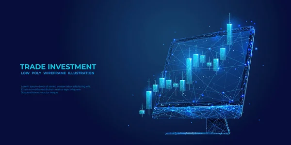 数字股票市场的概念 抽象计算机监视器上的低多管烛台 贸易投资的概念 深色背景下的技术蓝色矢量图解 — 图库矢量图片