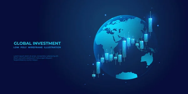 世界的な株式市場の概念 青い球の背景に技術グラフの成長 世界経済や金融の抽象的なデジタル概念 低ポリ輝くストックの燭台 ベクトル画像 — ストックベクタ