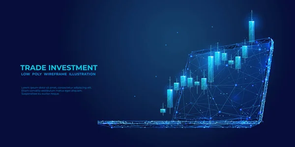 贸易投资概念 笔记本电脑屏幕上的数字图表 股票市场的烛台采用多边形线框风格 基于蓝色技术背景的带抽象3D矢量图形的Web横幅 — 图库矢量图片