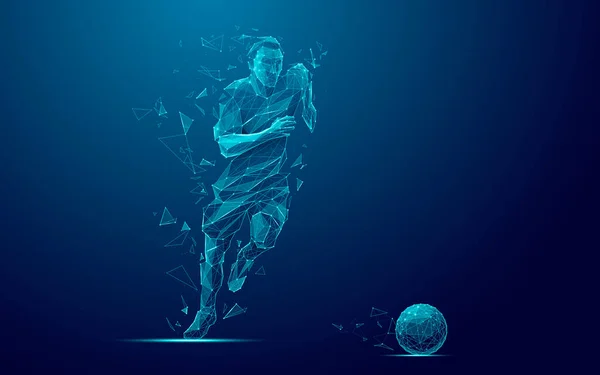 概要動きのあるボールを持つサッカー選手 デジタル フットボール アスリートはテクノロジーを背景に運営されています 接続された光るドット 粒子を持つ低ポリワイヤーフレームサッカー — ストックベクタ