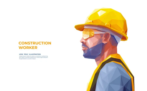 建筑工人穿着制服 眼镜和黄色安全帽 硬帽的缔造者 白色背景上孤立的多边形向量图解 现代几何低波兰风格 — 图库矢量图片