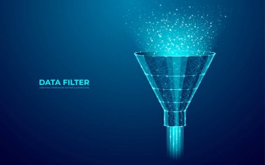 Digital Funnel and Abstract Data Flow in Techno Blue Background. Marketing and Analytics Concept. Low Polygonal Filter in connected dots, lines, shapes, and polygons. Modern Vector 3D illustration. clipart