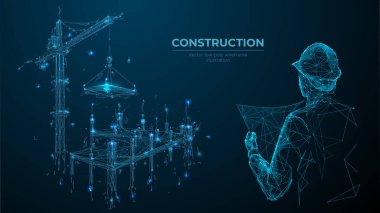 İnşaat alanının altındaki bina. İnşaat yakınlarındaki Mimar Holding Planları. Yeni bina. Miğferli Adam Projesi. Crane İnşaat Evi. Soyut çokgen kablo vektör çizimi.