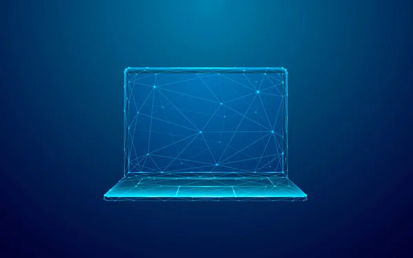 暗い背景に技術的な青の色の低ポリノートパソコン 概要デジタルオープンモバイルコンピュータのフロントビュー 接続されている点 三角形のポリゴナルワイヤーフレーム光構造 — ストックベクタ