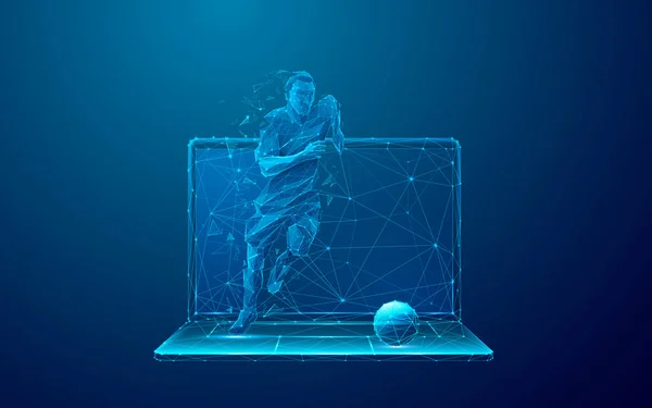 概要サッカー選手は ラップトップ画面から実行されます サイバースポーツまたはスポーツベッティング未来的なコンセプト 暗い青の背景に低ポリのワイヤーフレームスタイルでモバイルコンピュータ上のデジタルサッカー選手 — ストックベクタ