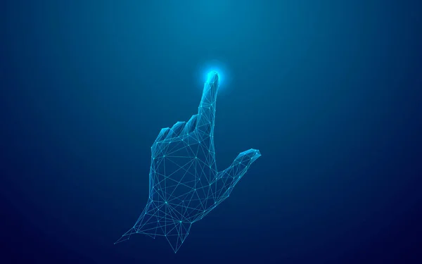 要旨Digital Human Hand Touch Glowing Dot ダークブルーの技術的背景に関する低ポリベクトルイラスト ライトワイヤーフレーム接続構造 未来技術の概念 — ストックベクタ