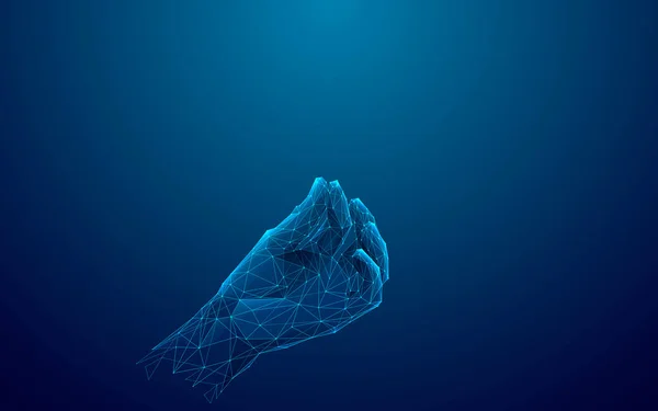 概要Digital Human Hand Holdings何かを持つ 青の技術の背景に低ポリ若い男や女性のジェスチャー ワイヤーフレーム3Dベクトルイラスト 接続された成長点を持つ多角形の指 — ストックベクタ