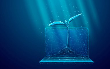 Seedling Growth ile soyut dizüstü bilgisayar. Tarım kavramı. Dijital düşük polimerli akıllı çiftlik 3D stili. Koyu Mavi Arkaplan Üzerinde Bitki ve Mobil Bilgisayarın Gelecekçi Vektör İllüstrasyonu.