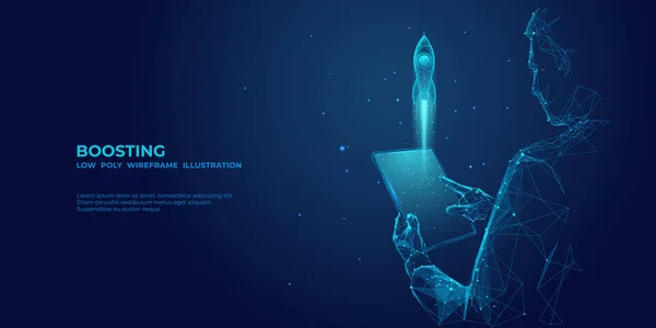 Empresario Abstracto Sostiene Una Tableta Con Rocket Lanzando Holograma Impulso — Archivo Imágenes Vectoriales