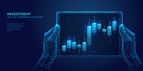 抽象的な株式市場の燭台とデジタルクローズアップ人間の手を保持するタブレット 技術的背景における取引アプリの一人称視点 3D効果のある低ポリワイヤーフレームベクトルイラスト — ストックベクタ