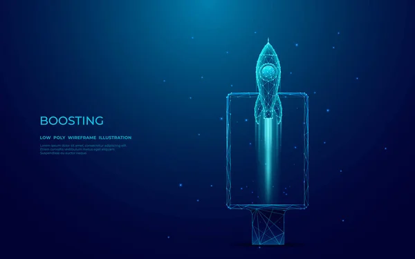垂直通りのポスター看板上のデジタルロケット打ち上げ 技術的なライトブルーの背景に広告代理店の概念 3D効果のある低ポリワイヤーフレームベクトルイラスト — ストックベクタ