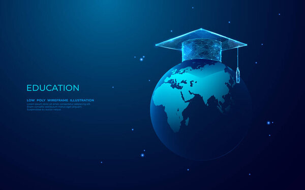 Graduation cap on abstract digital globe Earth. Global education high-quality concept. Technological planet with a science sign in blue on dark background. Low poly wireframe vector illustration.