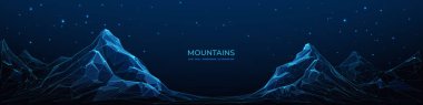 Soyut dağ vadisi. Dağları ve yıldızlı gökyüzü olan düşük mavi dijital manzara. Pankartın ortasında boş metin olan vektör şablonu. 3B efektli düşük poli kablo vektör çizimi.
