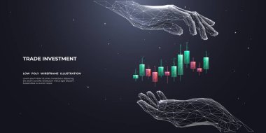 Borsa ve Yatırım Konsepti. Soyut İnsan Eli Tutuşu Renkli Mum. Teknolojik Arkaplan Grafik Çizelgesinin Korunması. 3B Efektli Düşük Poli Kablo Çerçeve Vektörü İllüstrasyonu.