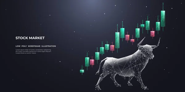 日本烛台和一头黑黑的公牛摘要股票市场交易或金融技术概念 低的多线框矢量说明 具有未来派元素的多边形公牛 — 图库矢量图片