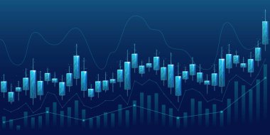 Fütürist düşük poligramlı stokların dijital grafik çizelgesi. Şifreleme para birimi konsepti web pankartı. Teknolojik mavi arkaplan üzerine soyut pazar yatırım alışverişi.