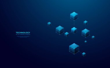 Mavi arka planda soyut dijital izometrik engelleme konsepti. Teknoloji 3D blokları gelecekçi düşük poligramlı grafik tasarım tarzında birbirine bağlıdır. Web sayfası için modern çokgen vektör çizimi.