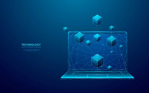 Blockchain Isométrico Digital Abstrato Laptop Aberto Blocos Ligados Numa Tela — Vetor de Stock